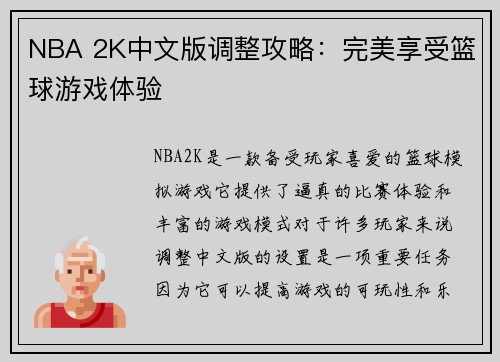 NBA 2K中文版调整攻略：完美享受篮球游戏体验